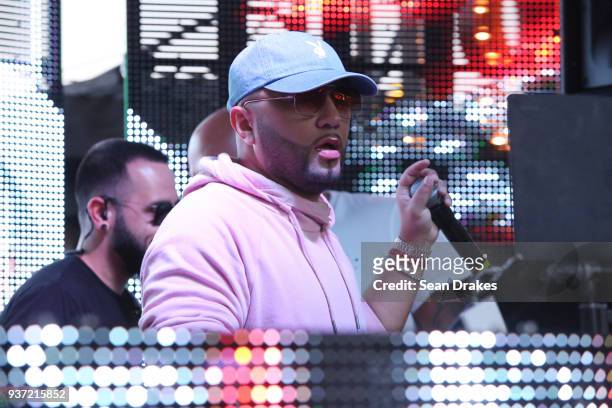 Alex Sensation performs during the Chuckie & Friends Party hosted by 93.5FM Revolution Radio Miami as part of Miami Music Week at the National Hotel...