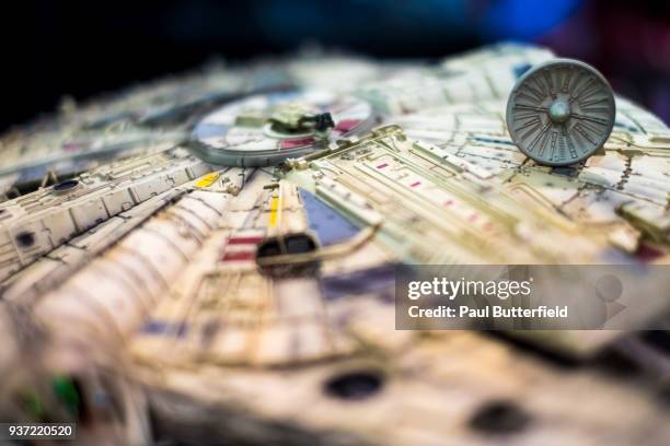 Detail shot of a miniature Millenium Falcon from the Star Wars franchise is displayed during WonderCon 2018 at Anaheim Convention Center on March 23,...