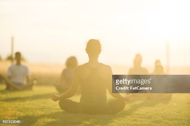 lezione di fitness serale all'aperto - yoga outdoor foto e immagini stock