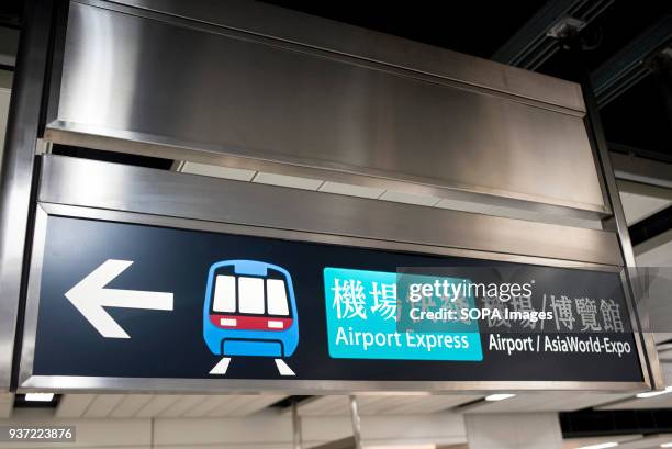 Sign for the Hong Kong Airport Express MTR line. It links the principal urban areas with the Hong Kong International Airport and the AsiaWorldExpo...