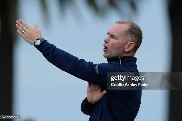 Mariners coach Wayne O'Sullivan reacts during the round 24 A-League match between the Central Coast Mariners and Sydney FC at Central Coast Stadium...