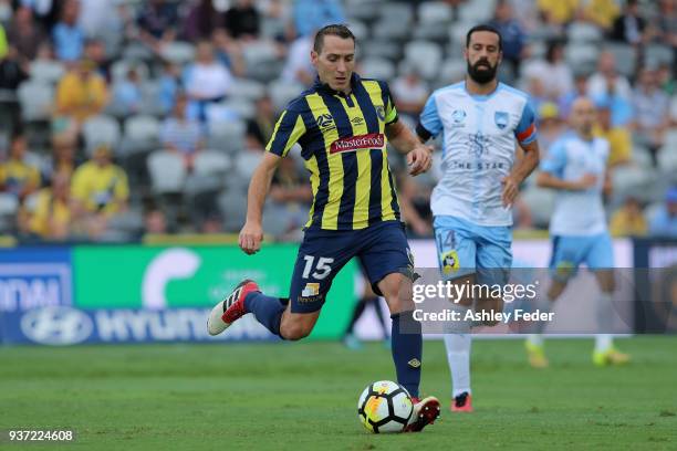 Alan Baro of the Mariners controls the ball during the round 24 A-League match between the Central Coast Mariners and Sydney FC at Central Coast...