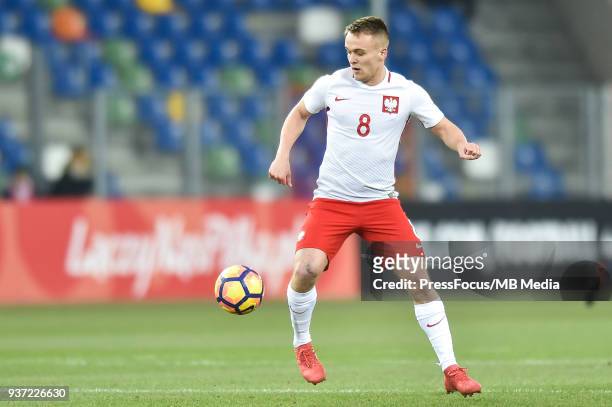 Sebastian Milewski of Poland controls the ball during the U20 Elite League match between Poland and England at the Municipal Stadium on March 22,...