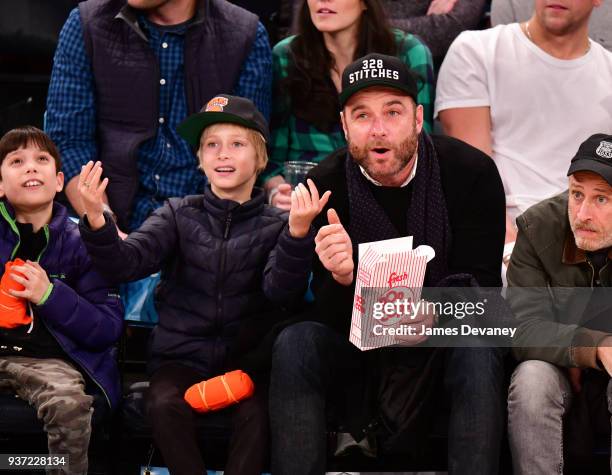 Alexander Schreiber and Liev Schreiber attend New York Knicks Vs Minnesota Timberwolves game at Madison Square Garden on March 23, 2018 in New York...