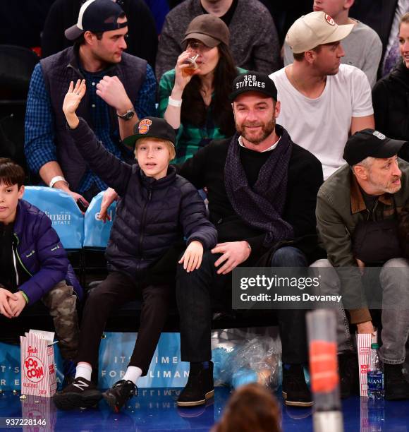 Alexander Schreiber and Liev Schreiber attend New York Knicks Vs Minnesota Timberwolves game at Madison Square Garden on March 23, 2018 in New York...