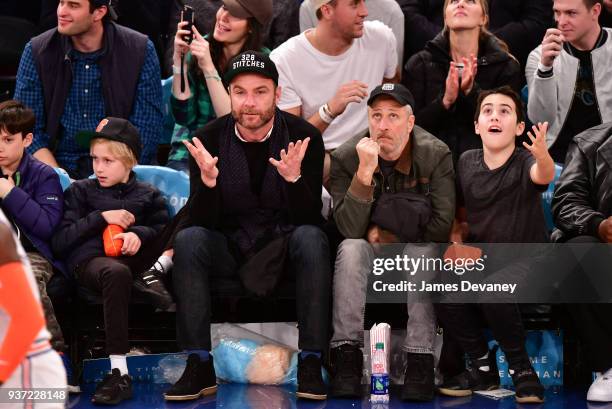 Alexander Schreiber, Liev Schreiber, Jon Stewart and Nathan Stewart attend New York Knicks Vs Minnesota Timberwolves game at Madison Square Garden on...