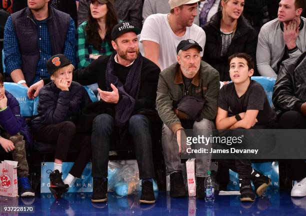 Alexander Schreiber, Liev Schreiber, Jon Stewart and Nathan Stewart attend New York Knicks Vs Minnesota Timberwolves game at Madison Square Garden on...