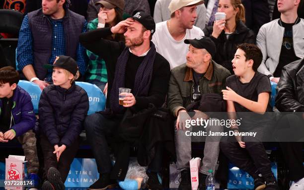 Alexander Schreiber, Liev Schreiber, Jon Stewart and Nathan Stewart attend New York Knicks Vs Minnesota Timberwolves game at Madison Square Garden on...