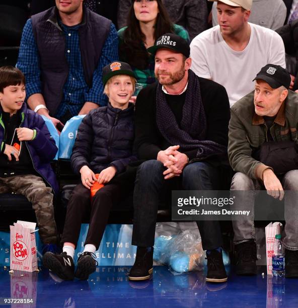 Alexander Schreiber and Liev Schreiber attend New York Knicks Vs Minnesota Timberwolves game at Madison Square Garden on March 23, 2018 in New York...