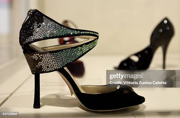 Shoe designed by Jimmy Choo is displayed at the International Footwear Museum Of Vigevano on December 3, 2009 in Vigevano, Italy.