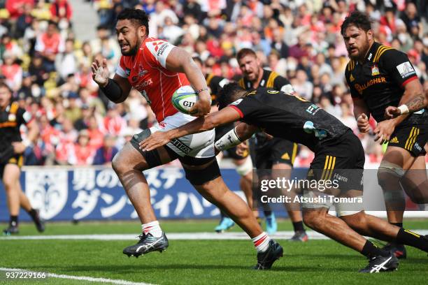 Kazuki Himeno of Sunwolves runs with the ball during the Super Rugby match between Sunwolves and Chiefs at Prince Chichibu Memorial Groound on March...