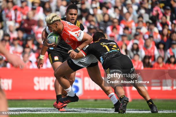 Timothy Lafaele of Sunwolves runs with the ball during the Super Rugby match between Sunwolves and Chiefs at Prince Chichibu Memorial Groound on...