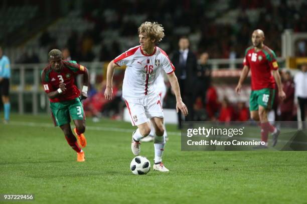 Dusan Basta of Serbia in action during the international friendly match between Serbia and Morocco. Morocco wins 2-1 over Serbia.