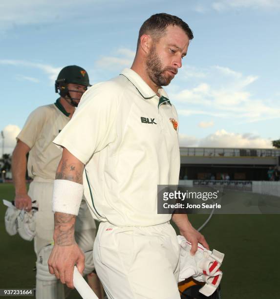 Tasmania player Matthew Wade leaves the ground after the days play during day two of the Sheffield Shield Final match between Queensland and Tasmania...