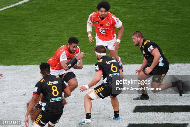 Uwe Helu of Sunwolves runs with the ball during the Super Rugby match between Sunwolves and Chiefs at Prince Chichibu Memorial Groound on March 24,...