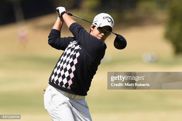Hee-Kyung Bae of South Korea hits her tee shot on the 11th hole during the second round of the AXA Ladies Golf Tournament In Miyazaki at the UMK...