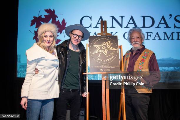 Whitehorse members Luke Doucet and Melissa McClelland pose with Dr. David Suzuki at the Canada Walk Of Fame Award for Dr. David Suzuki at Hometown...