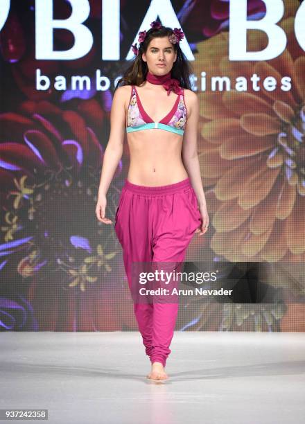 Model walks the runway wearing Bia Boro Bamboo at 2018 Vancouver Fashion Week - Day 4 on March 22, 2018 in Vancouver, Canada.