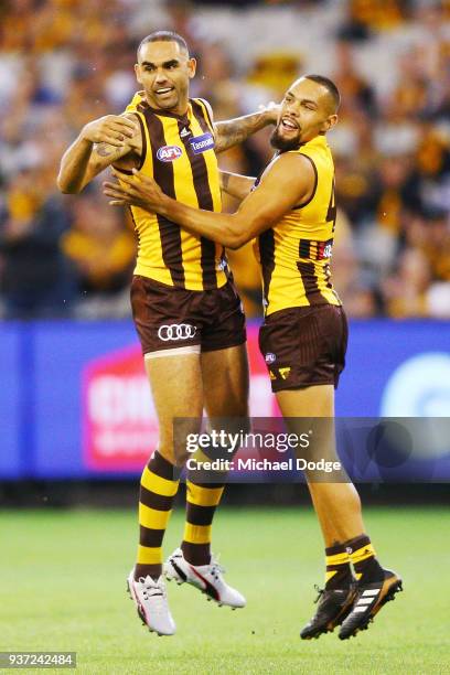 Shaun Burgoyne and Jarman Impey of the Hawks celebrates a goal during the round one AFL match between the Hawthorn Hawks and the Collingwood Magpies...