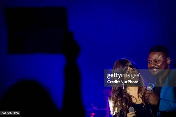 Spanish singer Vanesa Martin performing on stage accompanied by Matias Damasio at Aula Magna in Lisbon on March 23, 2018.