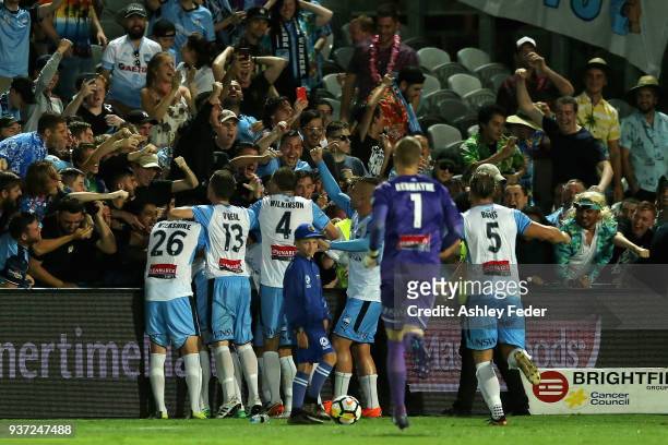 Sydney FC players and fans celebrate the winning goal during the round 24 A-League match between the Central Coast Mariners and Sydney FC at Central...