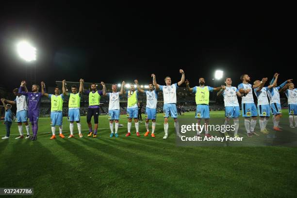 Sydney FC celebrate the win during the round 24 A-League match between the Central Coast Mariners and Sydney FC at Central Coast Stadium on March 24,...
