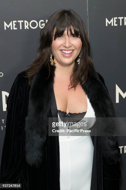 Emily Warren wearing coat by Elizabeth and James and jumpsuit by House of London attends Metrograph 2nd Anniversary party at Metrograph.