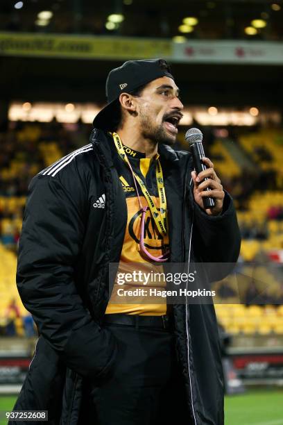 Celebrity Hurricane William Waiirua speaks during the round six Super Rugby match between the Hurricanes and the Highlanders at Westpac Stadium on...