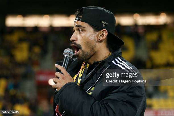 Celebrity Hurricane William Waiirua speaks during the round six Super Rugby match between the Hurricanes and the Highlanders at Westpac Stadium on...