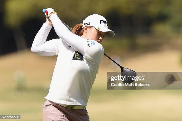 Himawari Ogura of Japan hits her tee shot on the 11th hole during the second round of the AXA Ladies Golf Tournament In Miyazaki at the UMK Country...