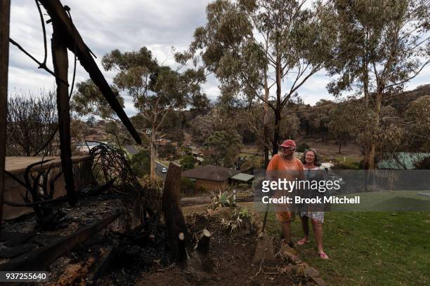 Richard and Helen Galton are pictured in the backyard of their Tathra, Australia home on March 24, 2018. During the recent bushfires Richard stayed...