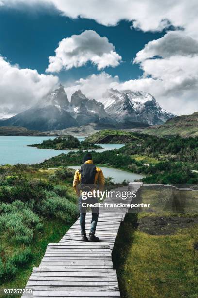 man hiking at torres del paine - chile - mountain walking stock pictures, royalty-free photos & images