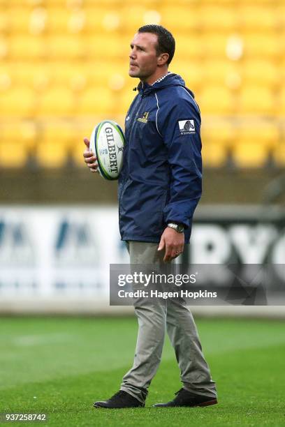 Coach Aaron Mauger of the Highlanders looks on during the round six Super Rugby match between the Hurricanes and the Highlanders at Westpac Stadium...