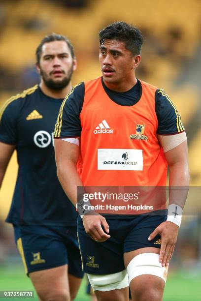 Marino Mikaele-Tu'u and Tyrel Lomax of the Highlanders look on during the round six Super Rugby match between the Hurricanes and the Highlanders at...