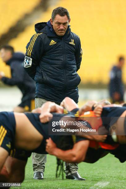 Assistant coach Mark Hammett of the Highlanders looks on during the round six Super Rugby match between the Hurricanes and the Highlanders at Westpac...