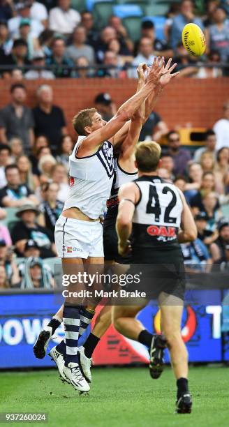 Aaron Sandilands of the Dockers wins a throw in during the round one AFL match between the Port Adelaide Power and the Fremantle Dockers at Adelaide...