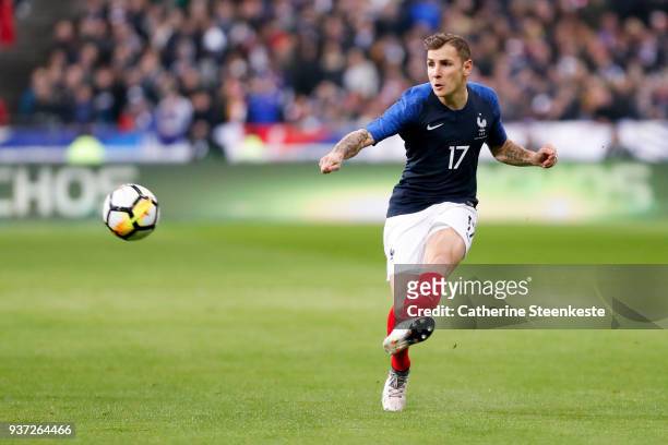 Lucas Digne of France is passing the ball during the international friendly match between France and Colombia at Stade de France on March 23, 2018 in...