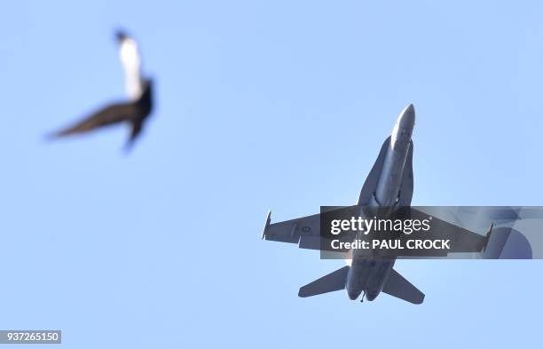 Royal Australian Air Force FA-18 performs above the Albert Park circuit before the Formula One qualifying session in Melbourne on March 24 ahead of...