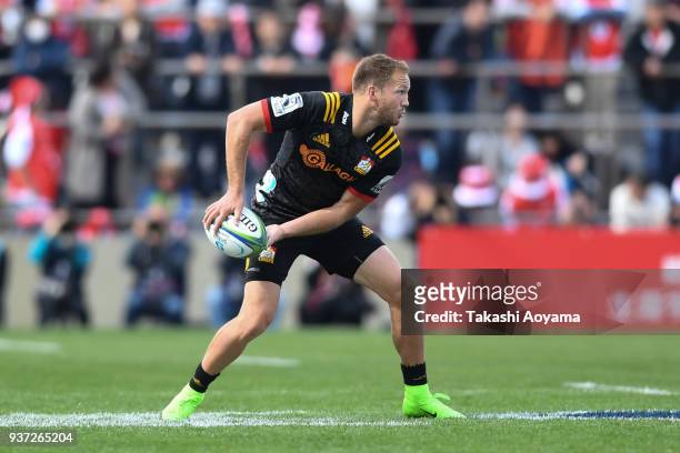 Marty McKenzie of the Chiefs looks to pass against the Sunwolves during the Super Rugby match between Sunwolves and Chiefs at Prince Chichibu...