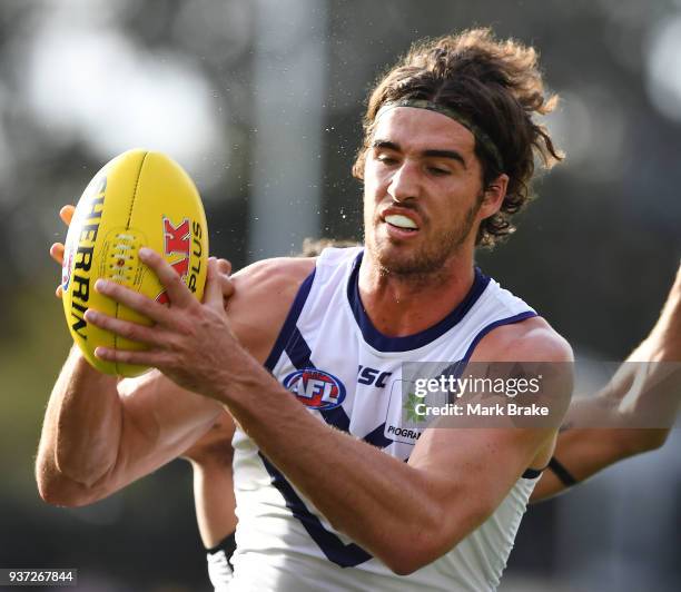 Alex Pearce of the Dockers marks during the round one AFL match between the Port Adelaide Power and the Fremantle Dockers at Adelaide Oval on March...