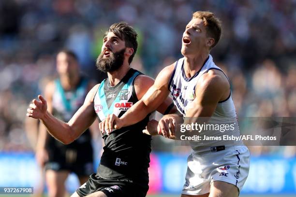 Justin Westhoff of the Power competes with Matt Taberner of the Dockers during the 2018 AFL round 01 match between the Port Adelaide Power and the...