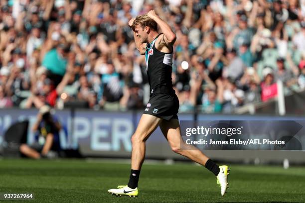 Jack Watts of the Power celebrates his first goal during the 2018 AFL round 01 match between the Port Adelaide Power and the Fremantle Dockers at...