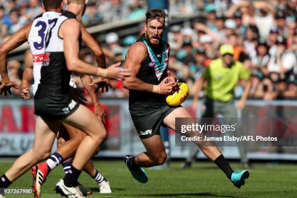 Charlie Dixon of the Power in action during the 2018 AFL round 01 match between the Port Adelaide Power and the Fremantle Dockers at Adelaide Oval on...