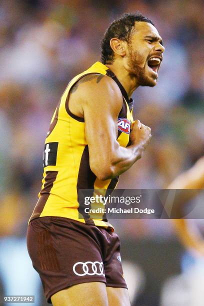 Cyril Rioli of the Hawks celebrates a goal during the round one AFL match between the Hawthorn Hawks and the Collingwood Magpies at Melbourne Cricket...