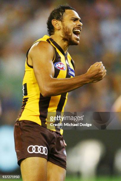 Cyril Rioli of the Hawks celebrates a goal during the round one AFL match between the Hawthorn Hawks and the Collingwood Magpies at Melbourne Cricket...