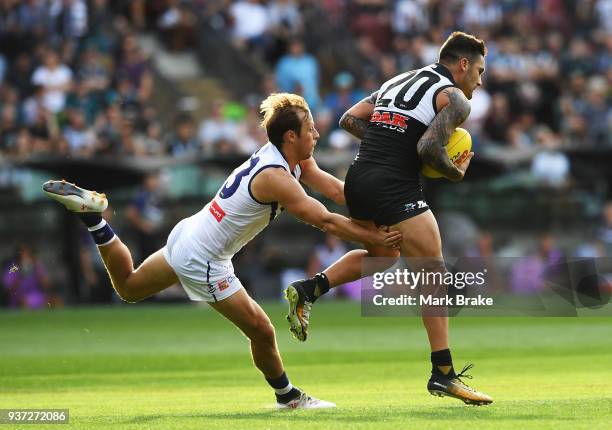 Chad Wingard of Port Adelaide marks during the round one AFL match between the Port Adelaide Power and the Fremantle Dockers at Adelaide Oval on...