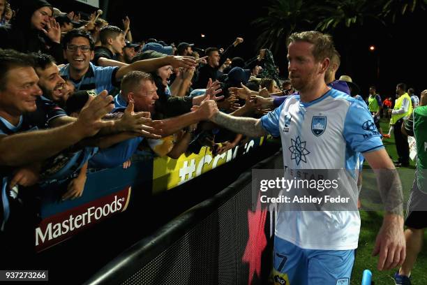 David Carney of Sydney FC celebrates the win with fans during the round 24 A-League match between the Central Coast Mariners and Sydney FC at Central...