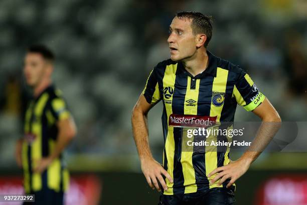 Alan Baro of the Mariners looks on during the round 24 A-League match between the Central Coast Mariners and Sydney FC at Central Coast Stadium on...