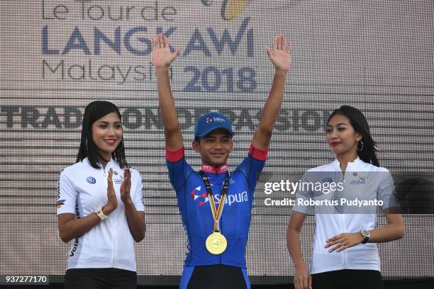 Best Malaysian Rider Muhammad Zawawi Azman of Team Sapura Cycling Malaysia celebrates on the podium during Stage 7 of the Le Tour de Langkawi 2018,...