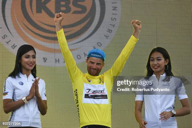 Yellow jersey winner Artem Ovechkin of Terengganu Cycling Team Malaysia celebrates on the podium during Stage 7 of the Le Tour de Langkawi 2018,...